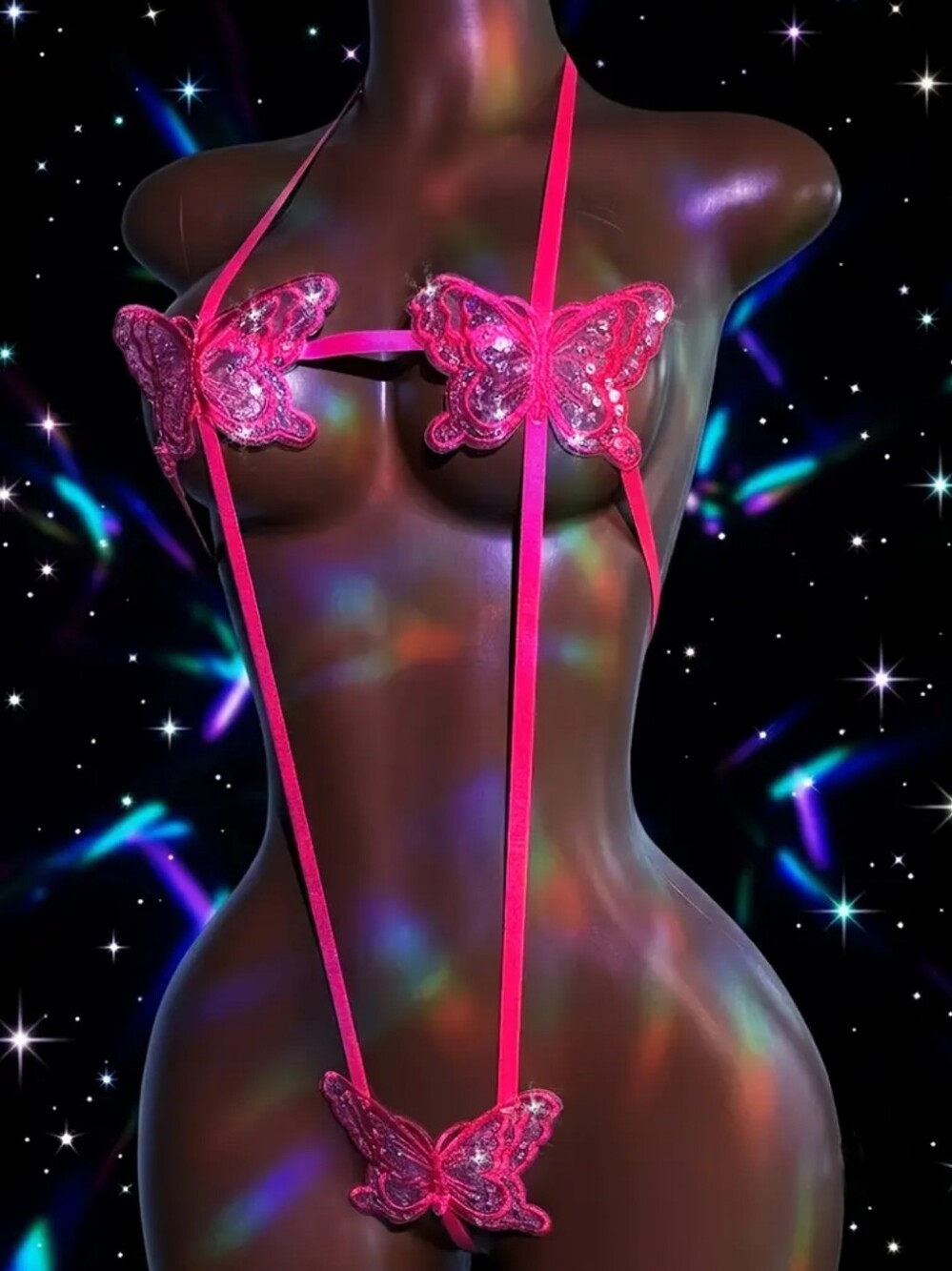 🦋 Pink 3 Sequined Butterfly Micro Slingshot One Piece Dancer Lingerie (S) 🦋